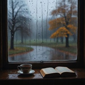 Окно в каплях дождя, открытая книга и осенний парк — символ литературной грусти и меланхолии. 